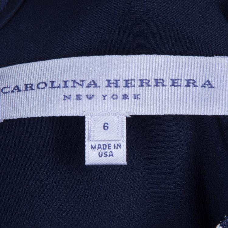 Pre Owned Carolina Herrera Blue and White Jacquard Cap Sleeve Dress M