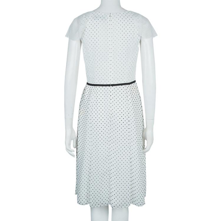 Pre Owned Carolina Herrera White Polka Dot Pintucked Ruffle Detail Cap Sleeve Dress M