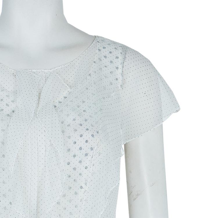 Pre Owned Carolina Herrera White Polka Dot Pintucked Ruffle Detail Cap Sleeve Dress M