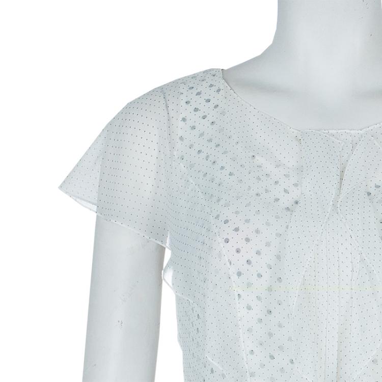 Pre Owned Carolina Herrera White Polka Dot Pintucked Ruffle Detail Cap Sleeve Dress M