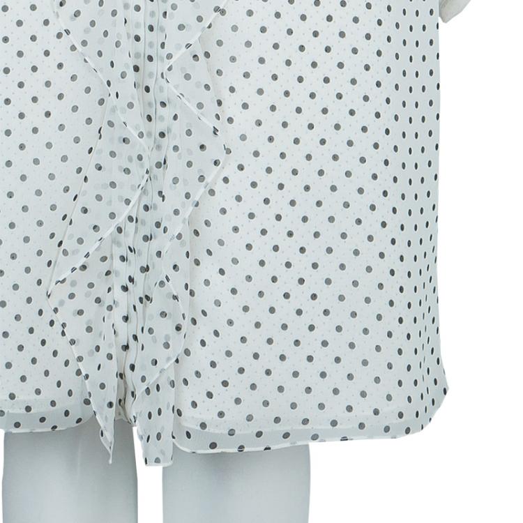 Pre Owned Carolina Herrera White Polka Dot Pintucked Ruffle Detail Cap Sleeve Dress M