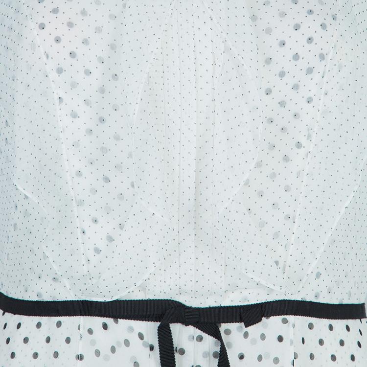 Pre Owned Carolina Herrera White Polka Dot Pintucked Ruffle Detail Cap Sleeve Dress M