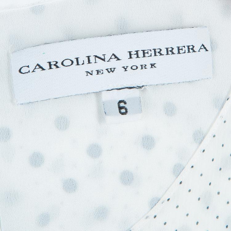 Pre Owned Carolina Herrera White Polka Dot Pintucked Ruffle Detail Cap Sleeve Dress M