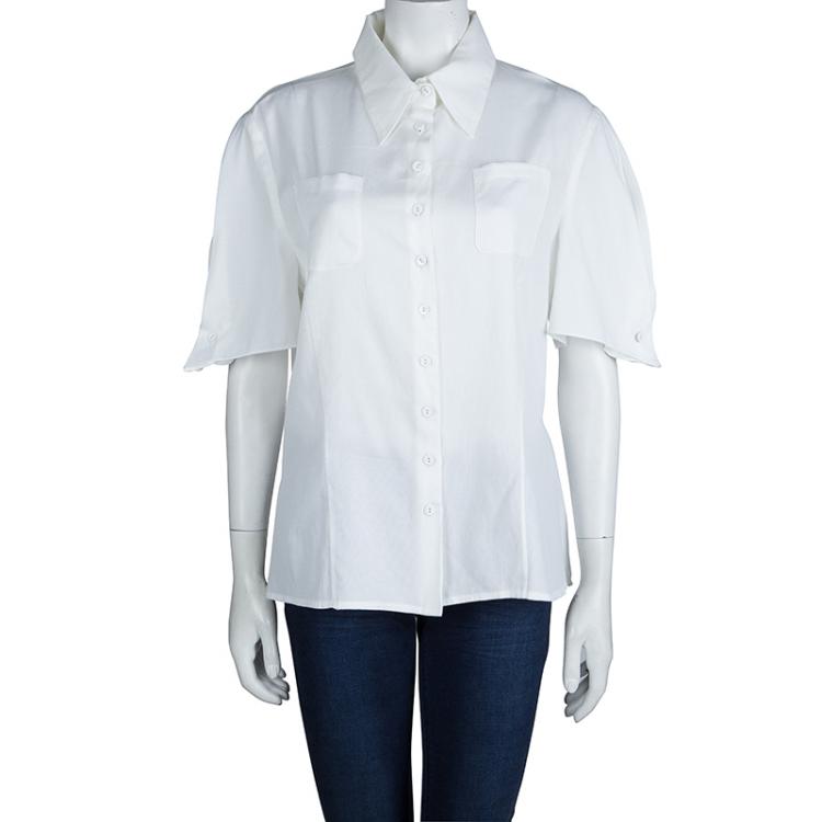 Pre Owned Carolina Herrera White Textured Cotton Cutout Back Detail Short Sleeve Shirt XL