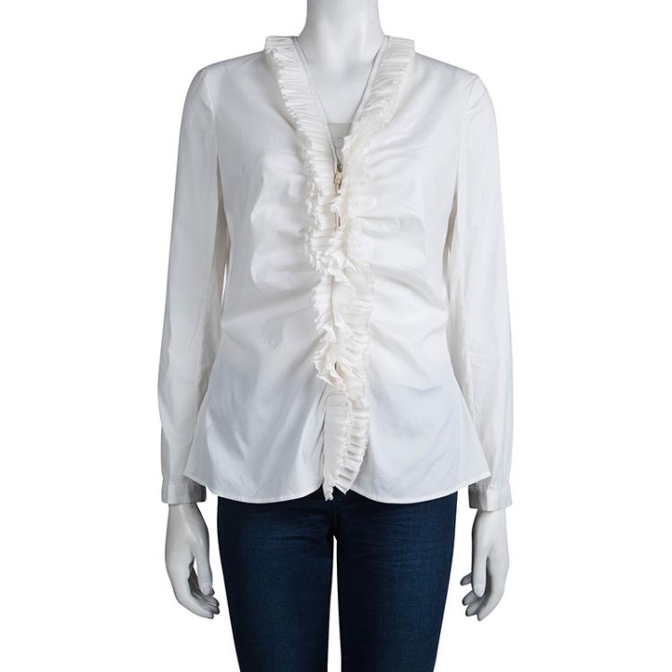 Pre Owned Carolina Herrera White Ruffle Detail Long Sleeve Top L