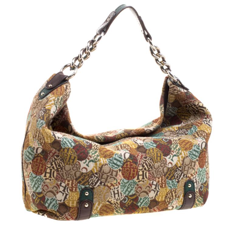 Pre Owned Carolina Herrera Multicolor Signature Print Fabric Hobo