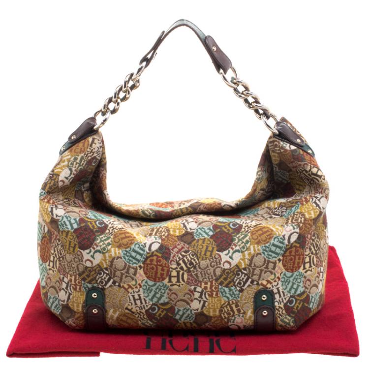 Pre Owned Carolina Herrera Multicolor Signature Print Fabric Hobo