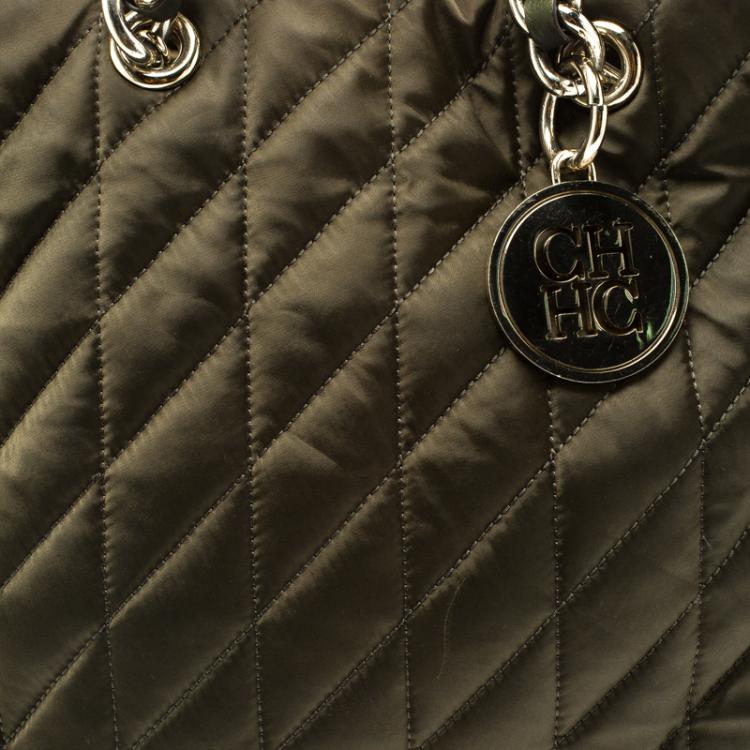 Pre Owned Carolina Herrera Dark Green Quilted Nylon Tote