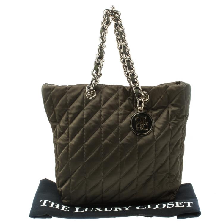 Pre Owned Carolina Herrera Dark Green Quilted Nylon Tote