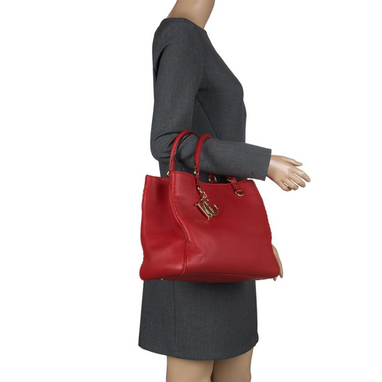 Pre Owned Carolina Herrera Red Leather Charm Shopping Tote