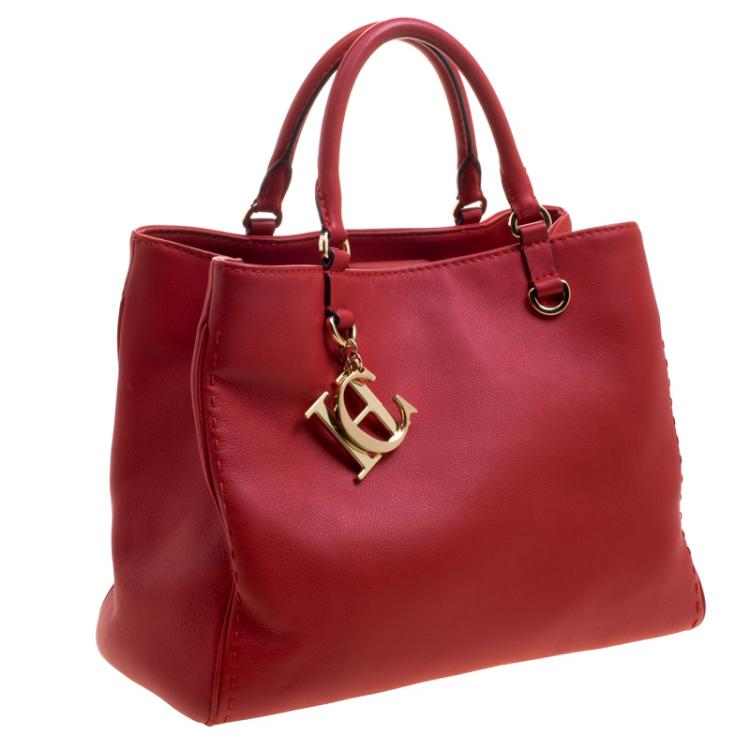 Pre Owned Carolina Herrera Red Leather Charm Shopping Tote