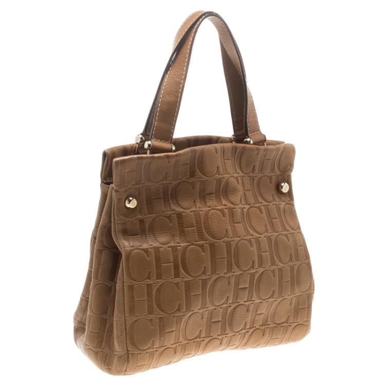 Pre Owned Carolina Herrera Brown Monogram Leather Tote
