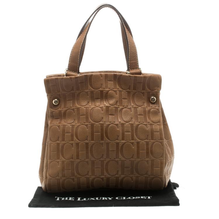 Pre Owned Carolina Herrera Brown Monogram Leather Tote
