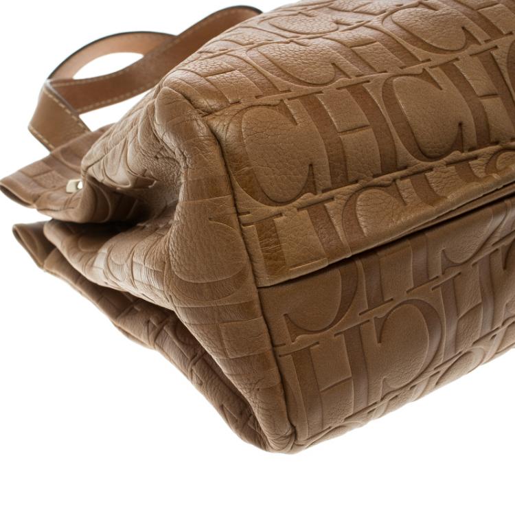 Pre Owned Carolina Herrera Brown Monogram Leather Tote