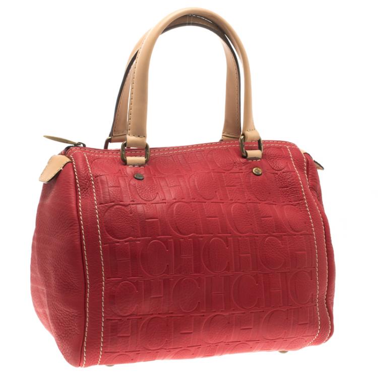 Pre Owned Carolina Herrera Red Monogram Leather Andy Boston Bag