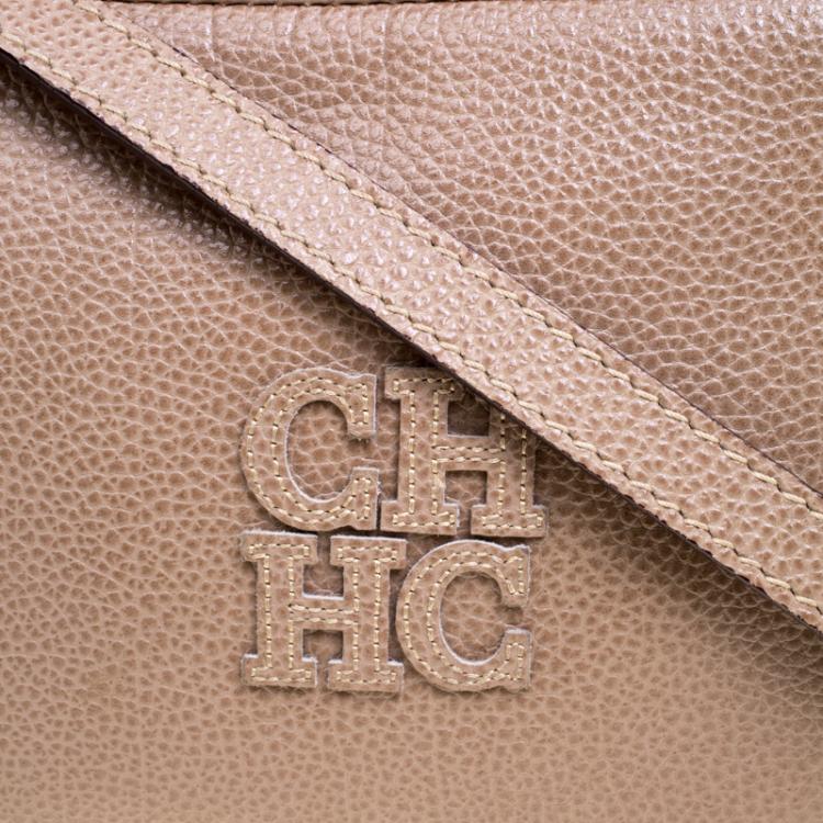 Pre Owned Carolina Herrera Dark Beige Leather Logo CH Crossbody Bag