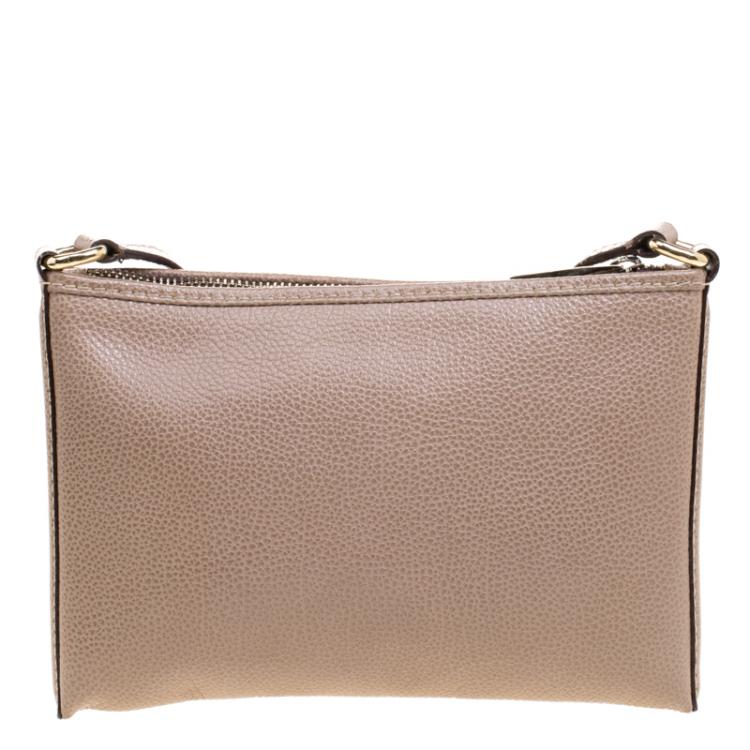 Pre Owned Carolina Herrera Dark Beige Leather Logo CH Crossbody Bag