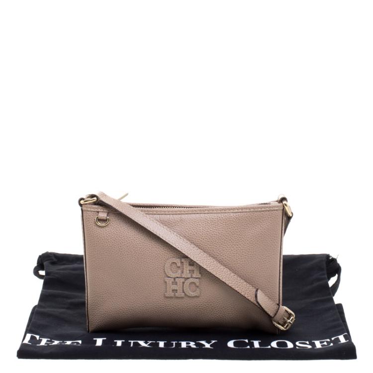 Pre Owned Carolina Herrera Dark Beige Leather Logo CH Crossbody Bag