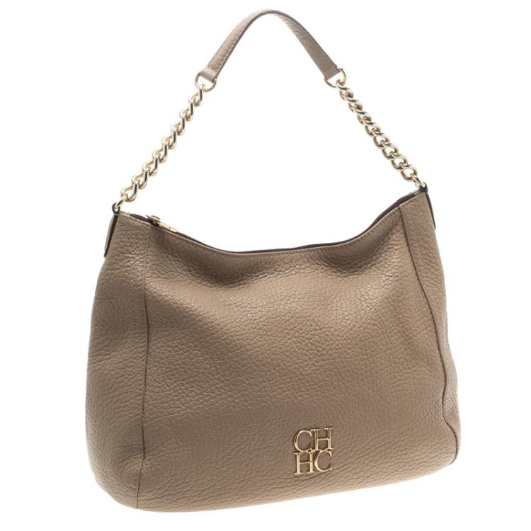 Pre Owned Carolina Herrera Beige Pebbled Leather Hobo