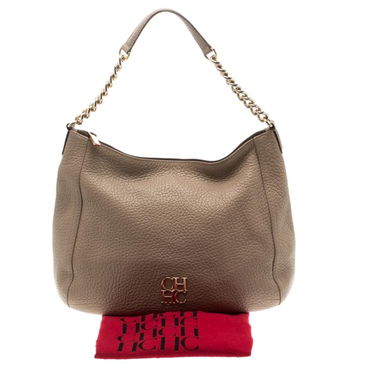 Pre Owned Carolina Herrera Beige Pebbled Leather Hobo