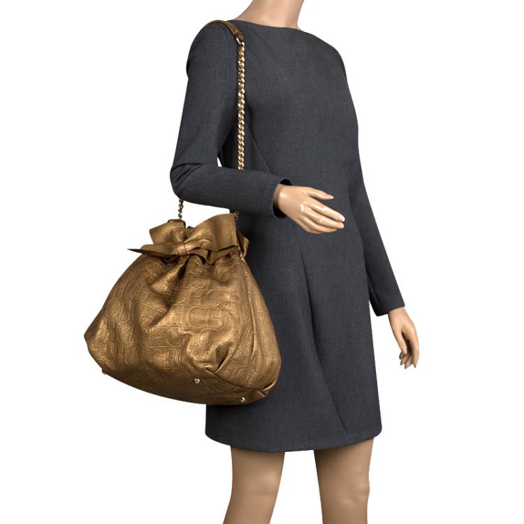 Pre Owned Carolina Herrera Gold Embossed Leather Bow Bucket Shoulder Bag