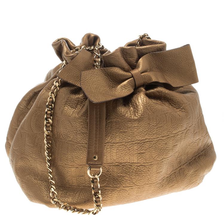 Pre Owned Carolina Herrera Gold Embossed Leather Bow Bucket Shoulder Bag