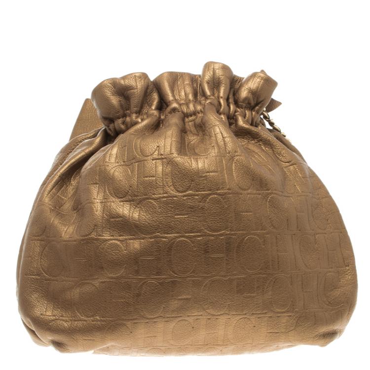 Pre Owned Carolina Herrera Gold Embossed Leather Bow Bucket Shoulder Bag