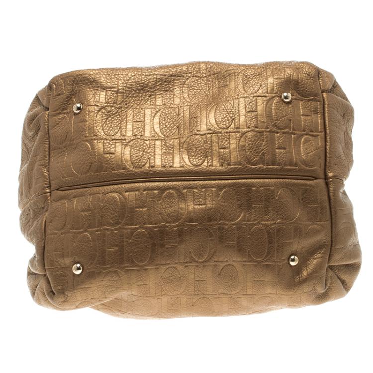 Pre Owned Carolina Herrera Gold Embossed Leather Bow Bucket Shoulder Bag