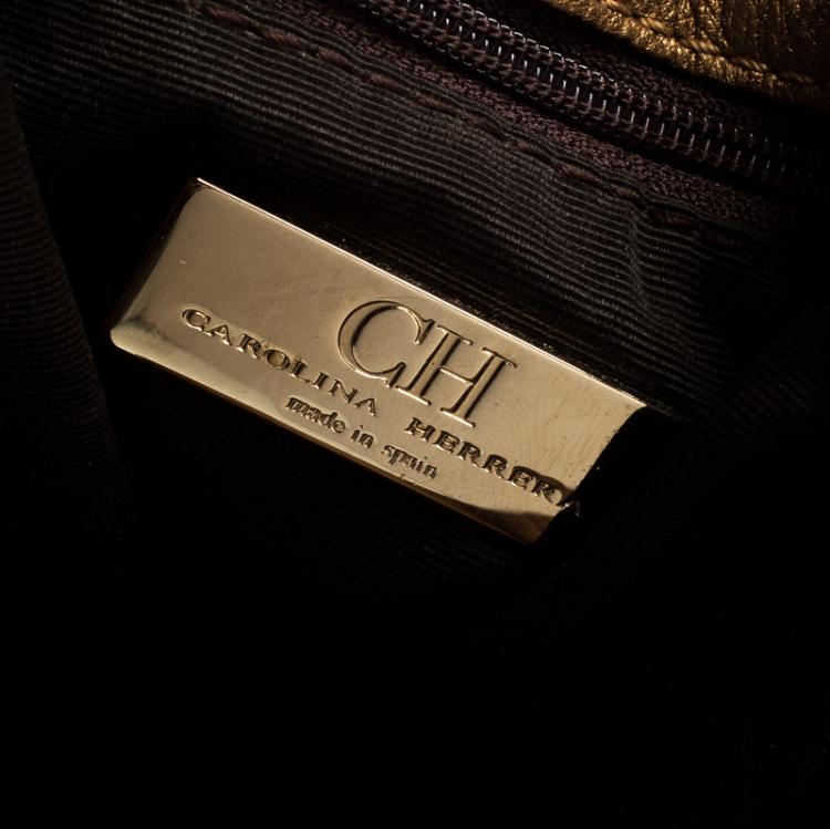 Pre Owned Carolina Herrera Gold Embossed Leather Bow Bucket Shoulder Bag