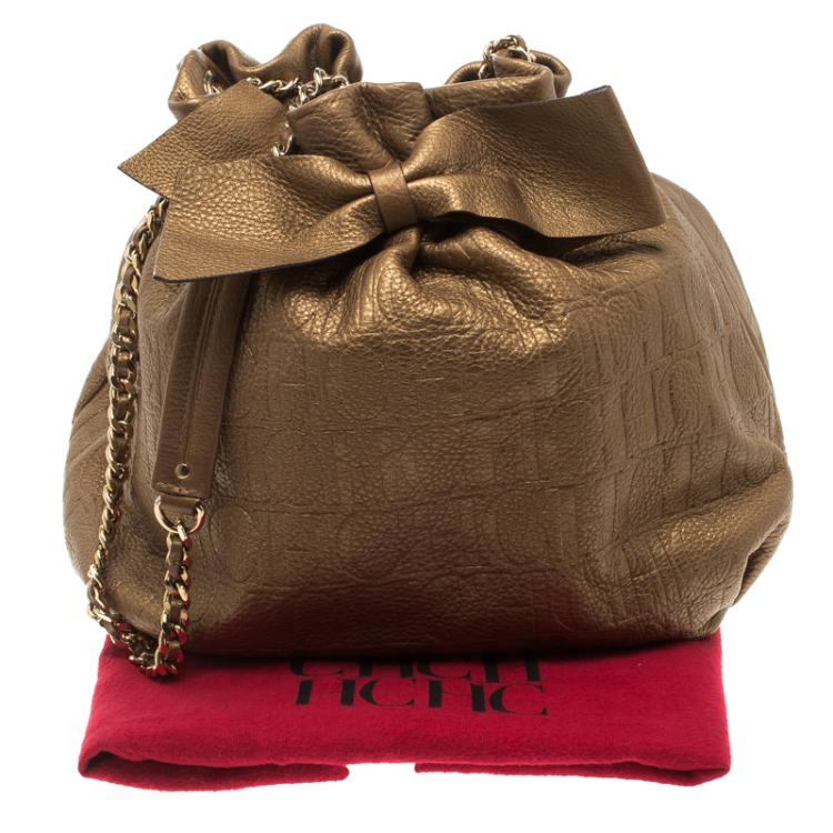 Pre Owned Carolina Herrera Gold Embossed Leather Bow Bucket Shoulder Bag