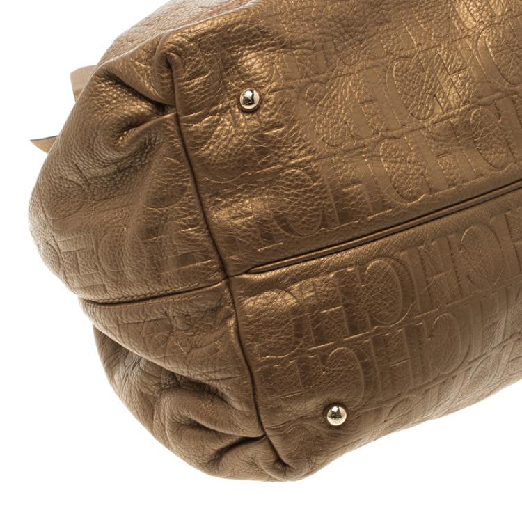 Pre Owned Carolina Herrera Gold Embossed Leather Bow Bucket Shoulder Bag