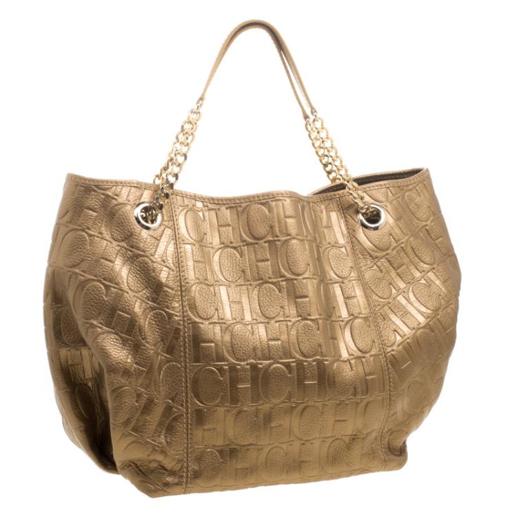 Pre Owned Carolina Herrera Bronze Monogram Embossed Leather Dahlia Hobo