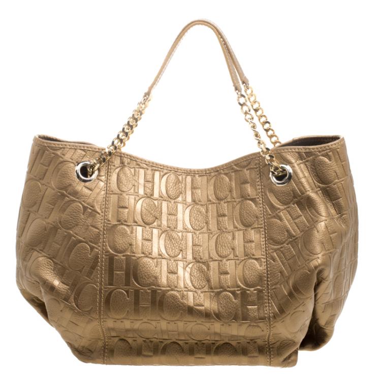 Pre Owned Carolina Herrera Bronze Monogram Embossed Leather Dahlia Hobo