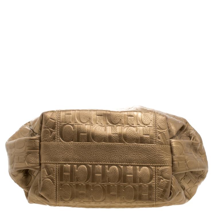 Pre Owned Carolina Herrera Bronze Monogram Embossed Leather Dahlia Hobo