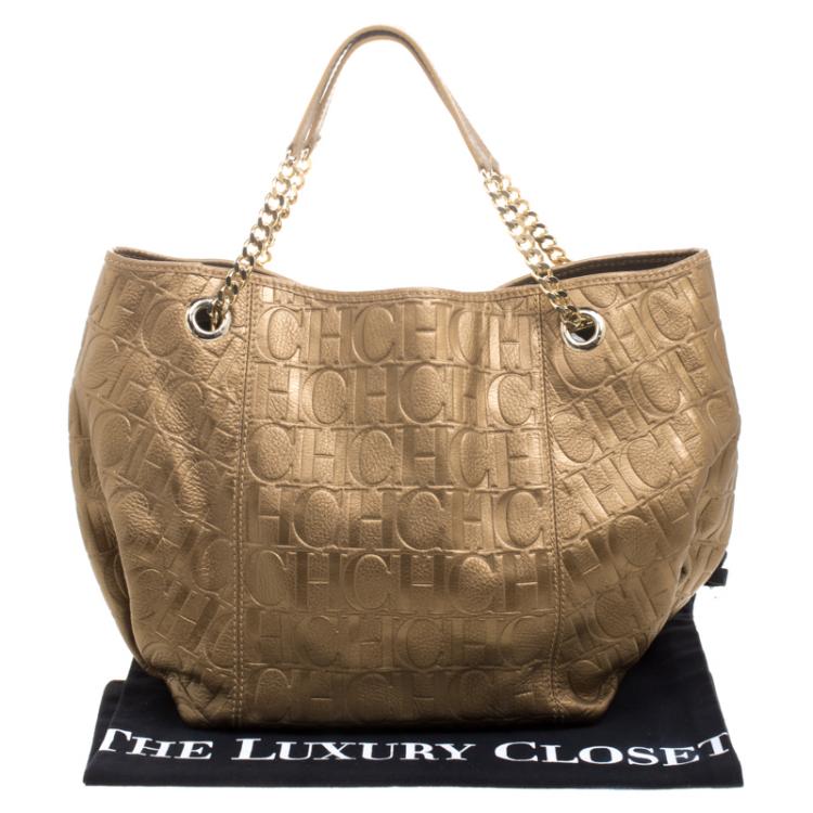 Pre Owned Carolina Herrera Bronze Monogram Embossed Leather Dahlia Hobo