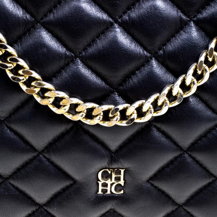 Pre Owned Carolina Herrera Black Quilted Leather Flap Bag
