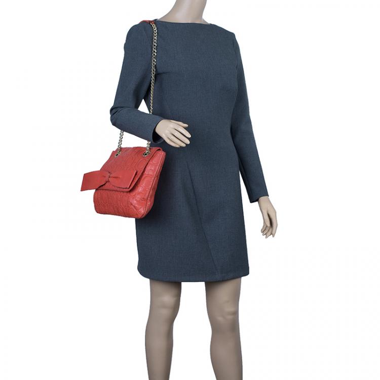 Pre Owned Carolina Herrera Red Monogram Leather Audrey Shoulder Bag