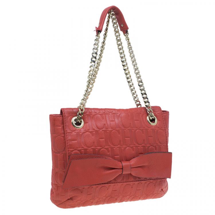 Pre Owned Carolina Herrera Red Monogram Leather Audrey Shoulder Bag