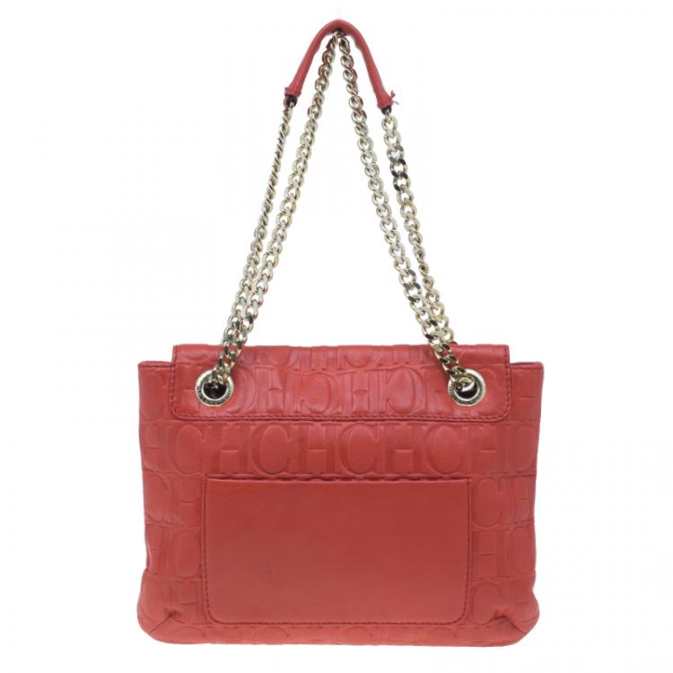 Pre Owned Carolina Herrera Red Monogram Leather Audrey Shoulder Bag