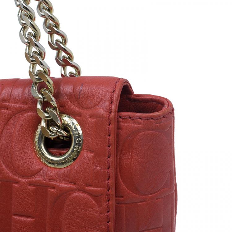 Pre Owned Carolina Herrera Red Monogram Leather Audrey Shoulder Bag