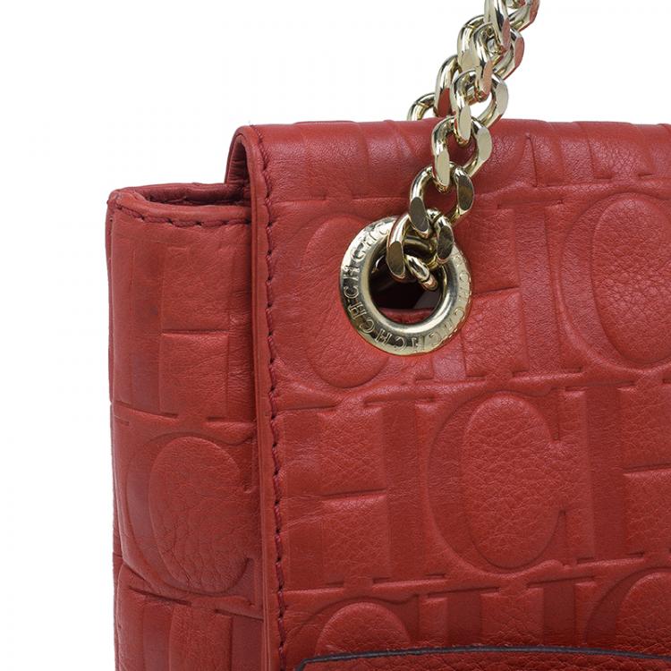 Pre Owned Carolina Herrera Red Monogram Leather Audrey Shoulder Bag