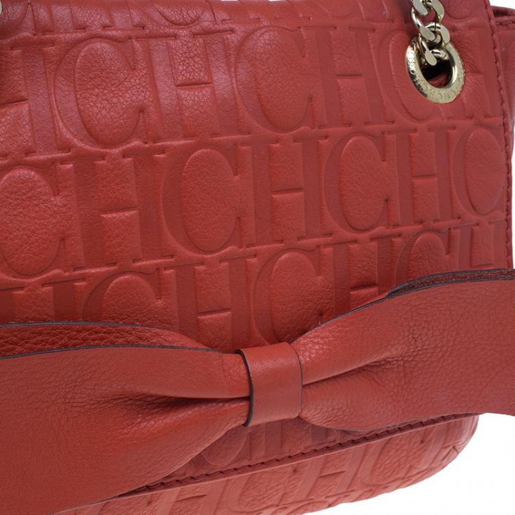 Pre Owned Carolina Herrera Red Monogram Leather Audrey Shoulder Bag