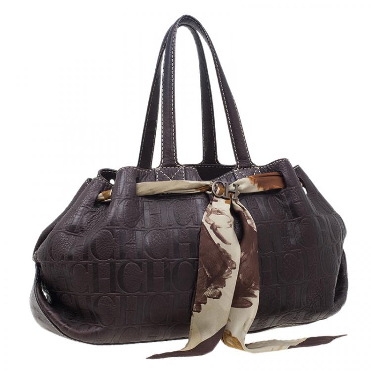 Pre Owned Carolina Herrera Brown Monogram Embossed Scarf Tote