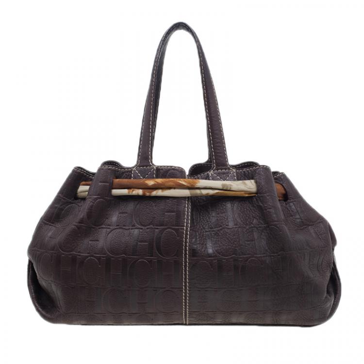 Pre Owned Carolina Herrera Brown Monogram Embossed Scarf Tote