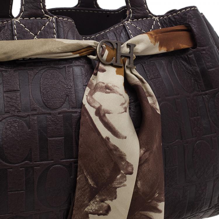 Pre Owned Carolina Herrera Brown Monogram Embossed Scarf Tote