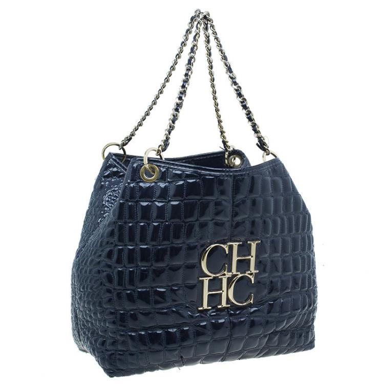 Pre Owned Carolina Herrera Navy Blue Croc Embossed Patent Leather Tote