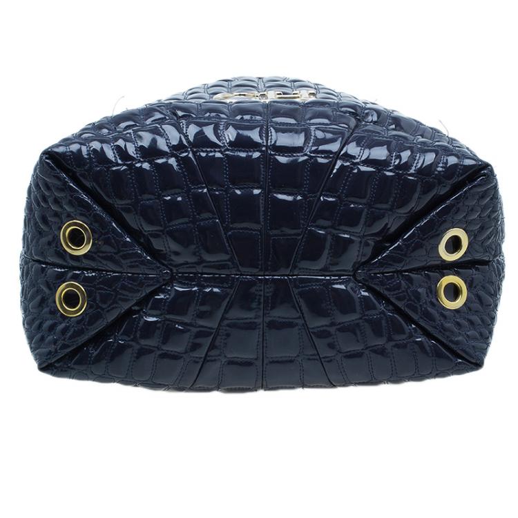 Pre Owned Carolina Herrera Navy Blue Croc Embossed Patent Leather Tote