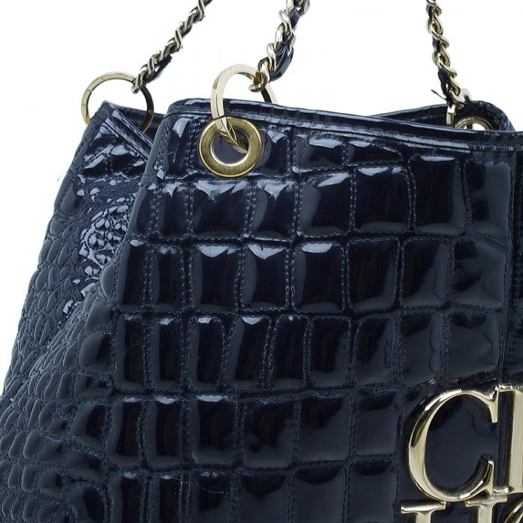 Pre Owned Carolina Herrera Navy Blue Croc Embossed Patent Leather Tote