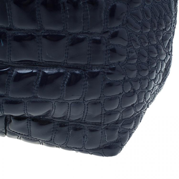 Pre Owned Carolina Herrera Navy Blue Croc Embossed Patent Leather Tote