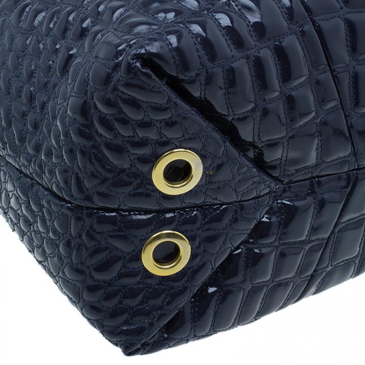 Pre Owned Carolina Herrera Navy Blue Croc Embossed Patent Leather Tote